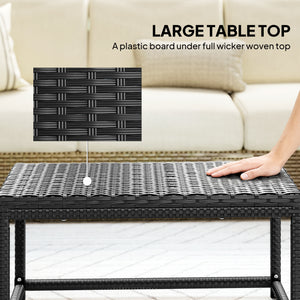 Outdoor Coffee Table, Garden PE Rattan Side Table with Plastic Board Under the Full Woven Table Top and Rectangular Frame for Patio, Balcony, Black