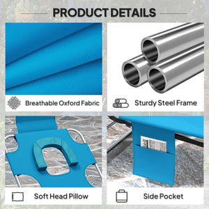 Folding Lounge Chair Outdoor Tanning Chair with Face Hole, 5-Position Reclining Sun Lounger Chaise Lounge Cot with Side Pocket, Carry Strap for Beach Pool, Yard, Blue