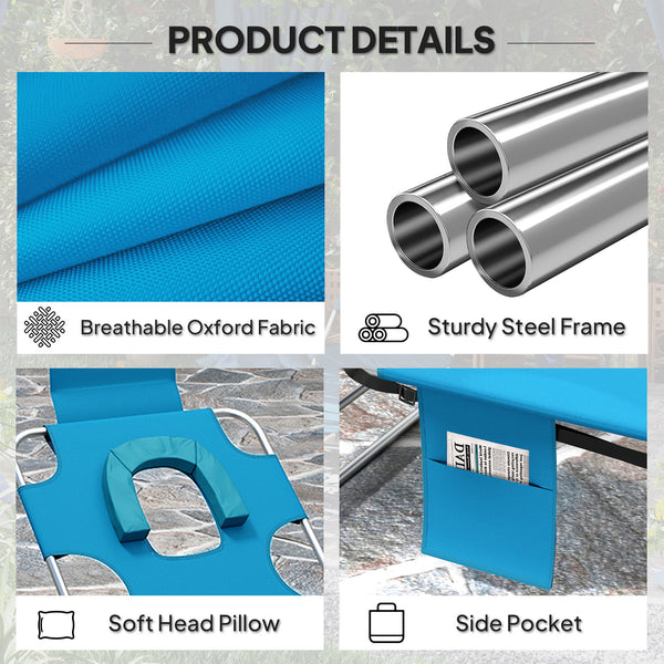 Folding Lounge Chair Outdoor Tanning Chair with Face Hole, 5-Position Reclining Sun Lounger Chaise Lounge Cot with Side Pocket, Carry Strap for Beach Pool, Yard, Blue