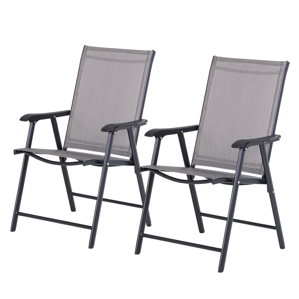 Outsunny Set of 2 Patio Folding Chairs, Stackable Outdoor Sling Patio Dining Chairs with Armrests for Lawn, Camping, Dining, Beach, Metal Frame, No Assembly, Gray