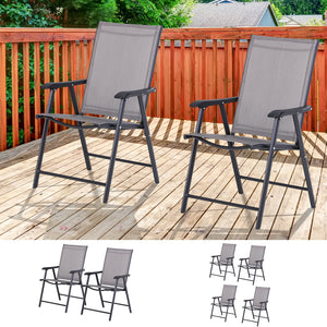 Outsunny Set of 2 Patio Folding Chairs, Stackable Outdoor Sling Patio Dining Chairs with Armrests for Lawn, Camping, Dining, Beach, Metal Frame, No Assembly, Gray