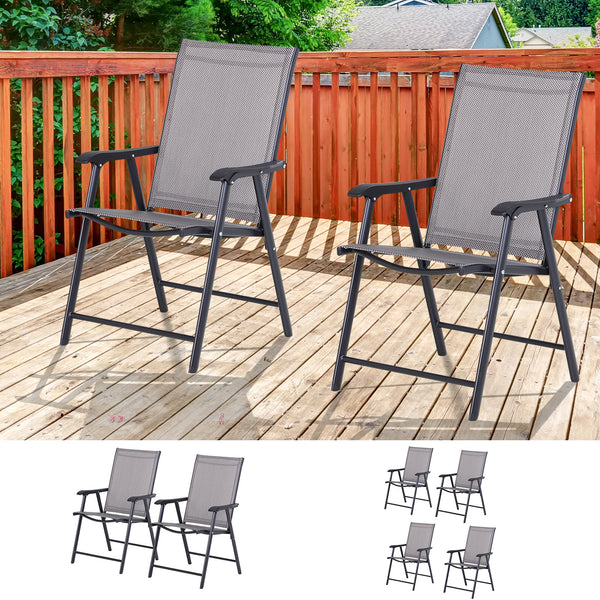 Outsunny Set of 2 Patio Folding Chairs, Stackable Outdoor Sling Patio Dining Chairs with Armrests for Lawn, Camping, Dining, Beach, Metal Frame, No Assembly, Gray