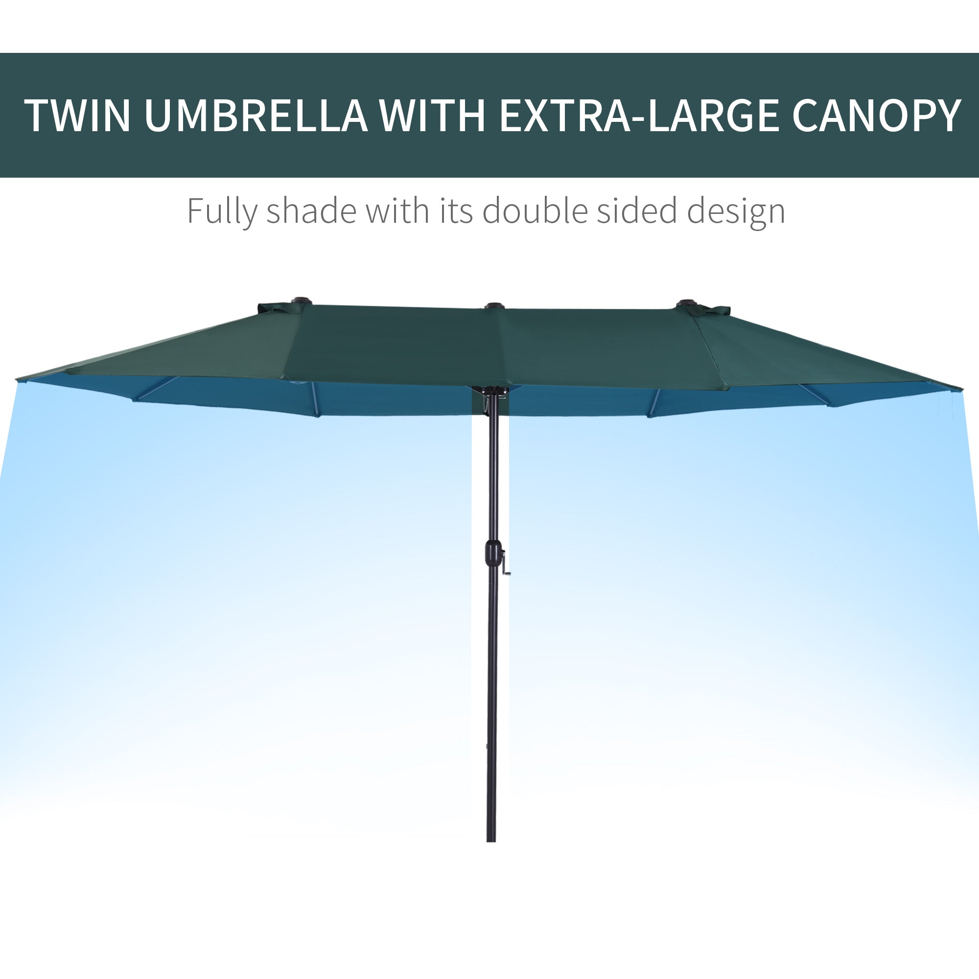 Outsunny 15' Twin Canopy Patio Umbrella with Crank, Air Vents, Dark Green Outsunny 15' Twin Canopy Patio Umbrella with Crank, Air Vents, Dark Green
