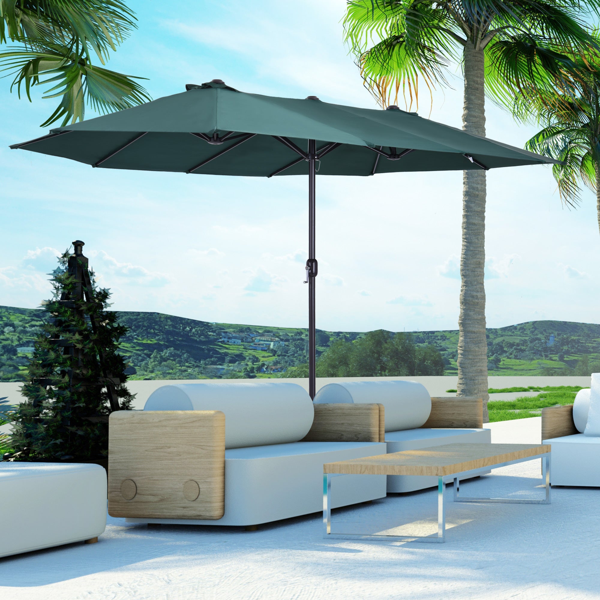 Outsunny 15' Twin Canopy Patio Umbrella with Crank, Air Vents, Dark Green Outsunny 15' Twin Canopy Patio Umbrella with Crank, Air Vents, Dark Green