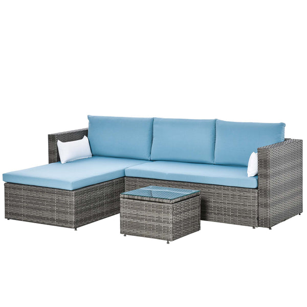 3-Piece Patio Furniture Set Modern Sectional Sofa Rattan Chair Wicker Conversation Set Outdoor Hand Woven Rattan Wicker Furniture Patio Coffee Table Sofa Set, Blue