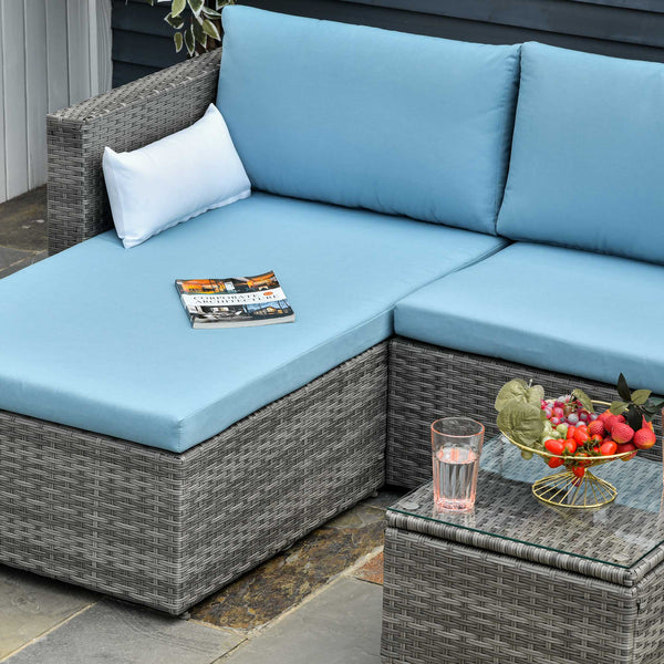 3-Piece Patio Furniture Set Modern Sectional Sofa Rattan Chair Wicker Conversation Set Outdoor Hand Woven Rattan Wicker Furniture Patio Coffee Table Sofa Set, Blue