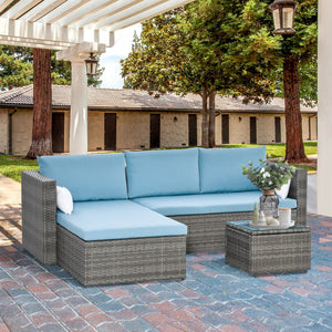 3-Piece Patio Furniture Set Modern Sectional Sofa Rattan Chair Wicker Conversation Set Outdoor Hand Woven Rattan Wicker Furniture Patio Coffee Table Sofa Set, Blue