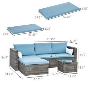 3-Piece Patio Furniture Set Modern Sectional Sofa Rattan Chair Wicker Conversation Set Outdoor Hand Woven Rattan Wicker Furniture Patio Coffee Table Sofa Set, Blue