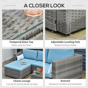 3-Piece Patio Furniture Set Modern Sectional Sofa Rattan Chair Wicker Conversation Set Outdoor Hand Woven Rattan Wicker Furniture Patio Coffee Table Sofa Set, Blue