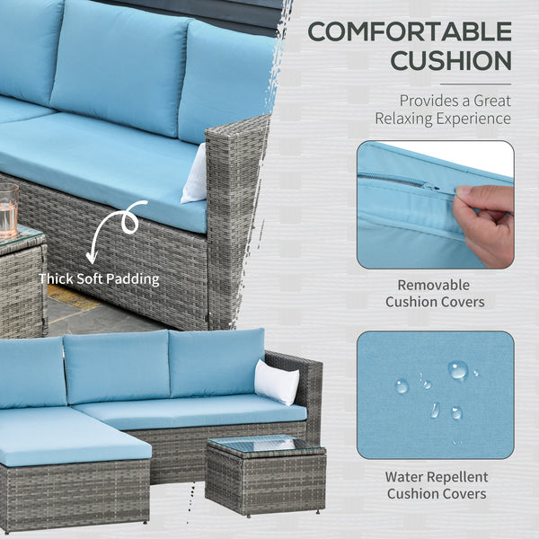3-Piece Patio Furniture Set Modern Sectional Sofa Rattan Chair Wicker Conversation Set Outdoor Hand Woven Rattan Wicker Furniture Patio Coffee Table Sofa Set, Blue