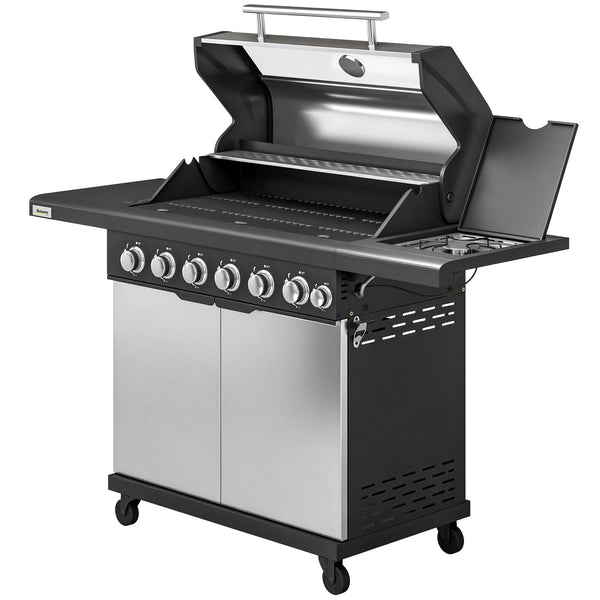 6+1 Burner Gas BBQ Grill, Portable Outdoor Barbecue Trolley with Wheels, Warming Rack, Built-in Thermometer, Side Shelves, Cabinet, Bottle Opener, Lid with Viewing Window, Silver Tone