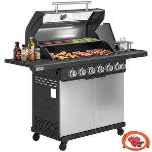 6+1 Burner Gas BBQ Grill, Portable Outdoor Barbecue Trolley with Wheels, Warming Rack, Built-in Thermometer, Side Shelves, Cabinet, Bottle Opener, Lid with Viewing Window, Silver Tone