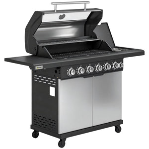 6+1 Burner Gas BBQ Grill, Portable Outdoor Barbecue Trolley with Wheels, Warming Rack, Built-in Thermometer, Side Shelves, Cabinet, Bottle Opener, Lid with Viewing Window, Silver Tone