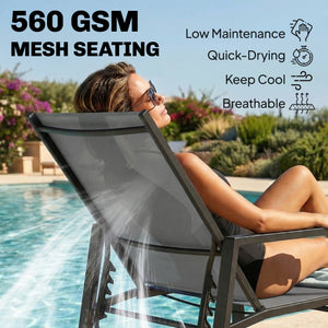 Sun Lounger with Retracable Footrest, 5-Position Adjustable Reclining Garden Lounger, Garden Chaise Lounge Sunbed Recliner Chair with Steel Frame for Beach, Porch, Patio, Camping, Dark Grey
