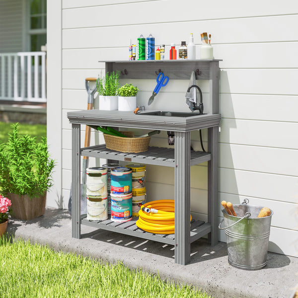 Outdoor Potting Bench Table with Faucet, Removable Sink, Hooks and Storage Shelves, Wood Work Bench Workstation for Greenhouse, Garden, Patio, Grey