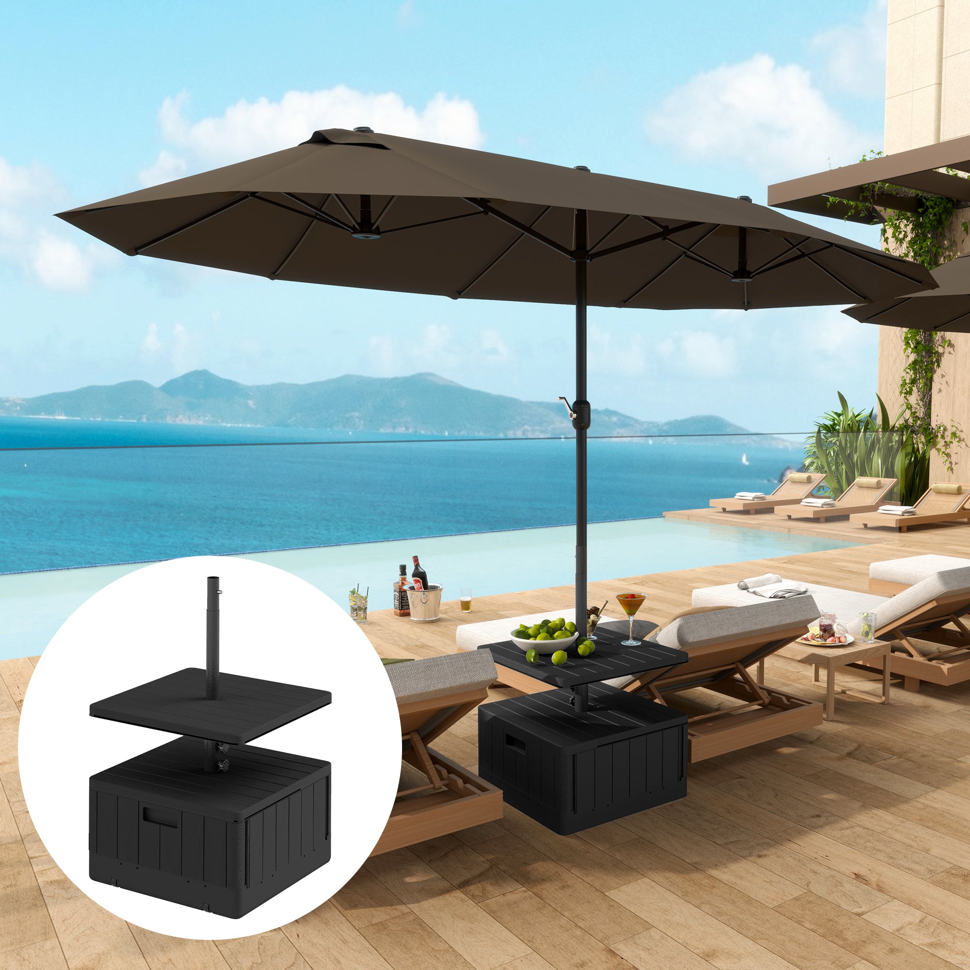 heavy base patio umbrella Outsunny Patio Umbrella Weighted Base with Table Tray, Heavy Duty Weighted Umbrella Stand with Wheels Handles, 176lbs with Stand Filling, Patio Umbrel