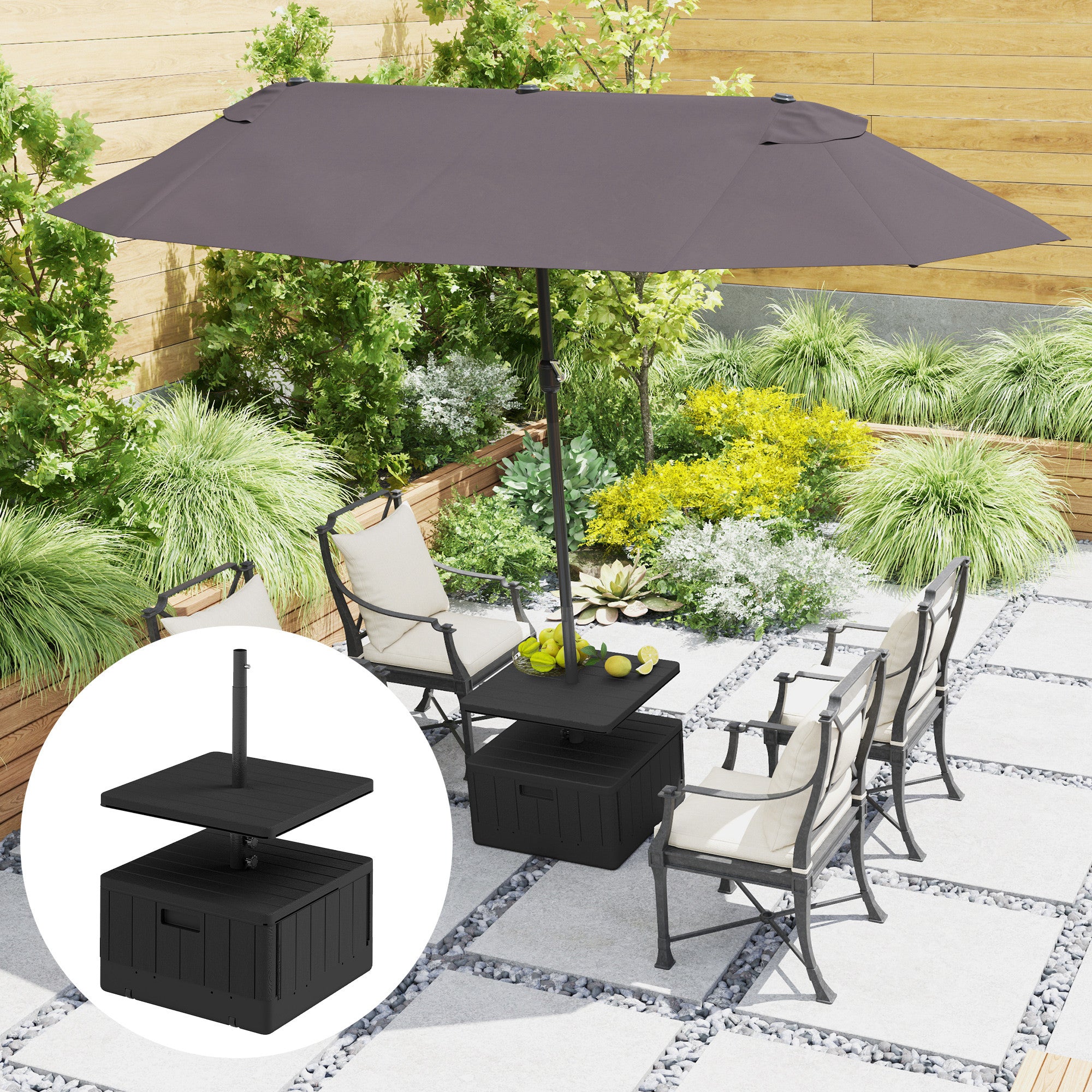 free standing patio umbrella with weighted base Outsunny Patio Umbrella Weighted Base with Table Tray, Heavy Duty Weighted Umbrella Stand with Wheels Handles, 176lbs with Stand Filling, Patio Umbrel