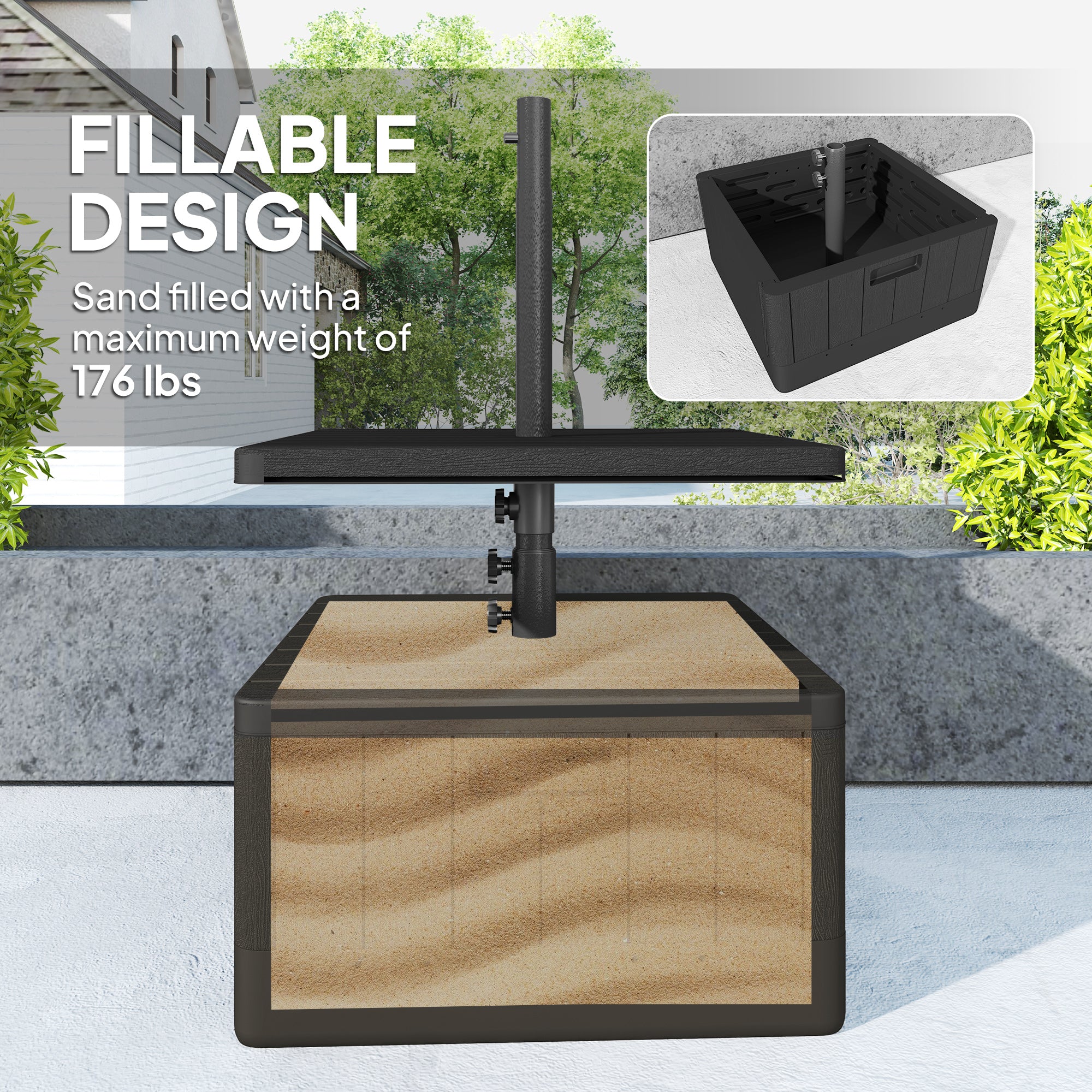 cantilever patio umbrella weights Outsunny Patio Umbrella Weighted Base with Table Tray, Heavy Duty Weighted Umbrella Stand with Wheels Handles, 176lbs with Stand Filling, Patio Umbrel