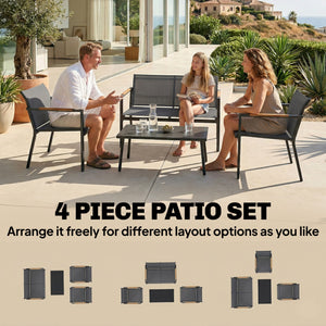 4 Seater Garden Furniture Set with Loveseat, 2 Armchairs, Metal-Top Table, Metal Garden Sofa Set with Breathable Mesh Seats, Outdoor Furniture Conversation Sets, Grey