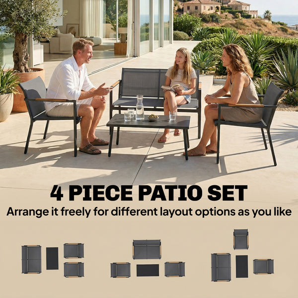 4 Seater Garden Furniture Set with Loveseat, 2 Armchairs, Metal-Top Table, Metal Garden Sofa Set with Breathable Mesh Seats, Outdoor Furniture Conversation Sets, Grey