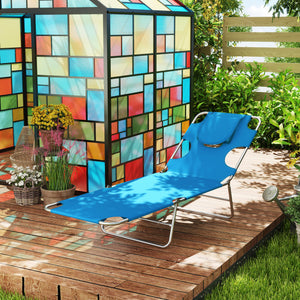 Folding Lounge Chair Outdoor Tanning Chair with Face Hole, 5-Position Reclining Sun Lounger Chaise Lounge Cot with Side Pocket, Carry Strap for Beach Pool, Yard, Blue