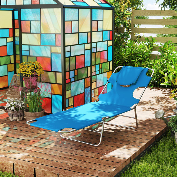 Folding Lounge Chair Outdoor Tanning Chair with Face Hole, 5-Position Reclining Sun Lounger Chaise Lounge Cot with Side Pocket, Carry Strap for Beach Pool, Yard, Blue