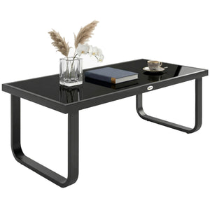 Metal Garden Coffee Table, Outdoor Rectangle Side Table with Tempered Glass Tabletop and Adjustable Foot Pads for Terrace, Balcony, Patio, 90 x 45 x 33 cm, Black