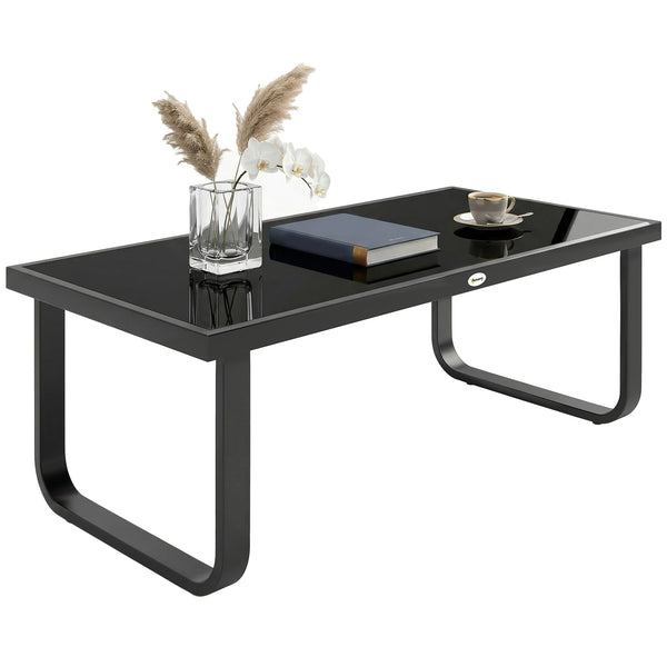 Metal Garden Coffee Table, Outdoor Rectangle Side Table with Tempered Glass Tabletop and Adjustable Foot Pads for Terrace, Balcony, Patio, 90 x 45 x 33 cm, Black