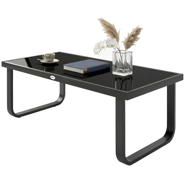 Metal Garden Coffee Table, Outdoor Rectangle Side Table with Tempered Glass Tabletop and Adjustable Foot Pads for Terrace, Balcony, Patio, 90 x 45 x 33 cm, Black