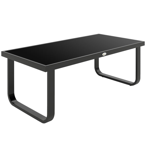 Metal Garden Coffee Table, Outdoor Rectangle Side Table with Tempered Glass Tabletop and Adjustable Foot Pads for Terrace, Balcony, Patio, 90 x 45 x 33 cm, Black