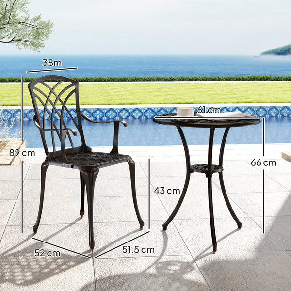 3 Pieces Garden Dining Set for 2, Cast Aluminium Outdoor Dining Set with 2 Armchairs and Round Dining Table with Parasol Hole, Garden Furniture Set, Bronze Tone