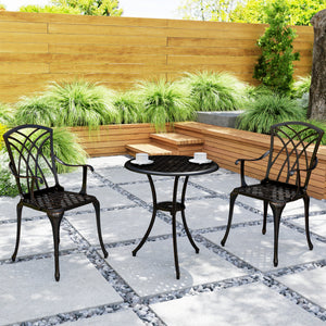 3 Pieces Garden Dining Set for 2, Cast Aluminium Outdoor Dining Set with 2 Armchairs and Round Dining Table with Parasol Hole, Garden Furniture Set, Bronze Tone