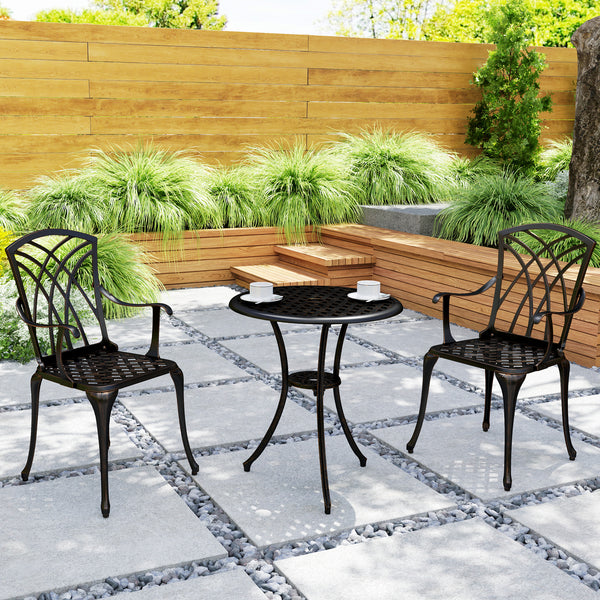 3 Pieces Garden Dining Set for 2, Cast Aluminium Outdoor Dining Set with 2 Armchairs and Round Dining Table with Parasol Hole, Garden Furniture Set, Bronze Tone