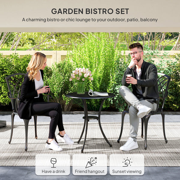 3 Pieces Garden Dining Set for 2, Cast Aluminium Outdoor Dining Set with 2 Armchairs and Round Dining Table with Parasol Hole, Garden Furniture Set, Bronze Tone