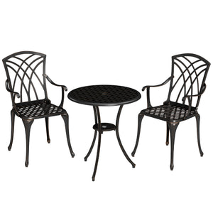 3 Pieces Garden Dining Set for 2, Cast Aluminium Outdoor Dining Set with 2 Armchairs and Round Dining Table with Parasol Hole, Garden Furniture Set, Bronze Tone