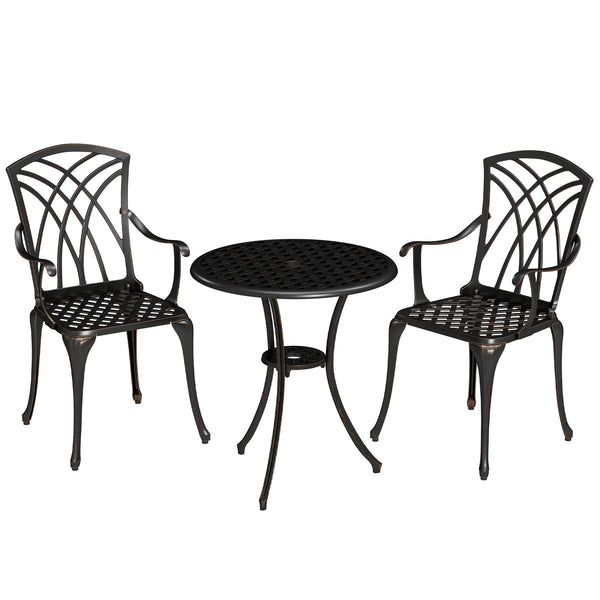 3 Pieces Garden Dining Set for 2, Cast Aluminium Outdoor Dining Set with 2 Armchairs and Round Dining Table with Parasol Hole, Garden Furniture Set, Bronze Tone