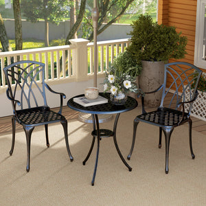 3 Pieces Garden Dining Set for 2, Cast Aluminium Outdoor Dining Set with 2 Armchairs and Round Dining Table with Parasol Hole, Garden Furniture Set, Bronze Tone