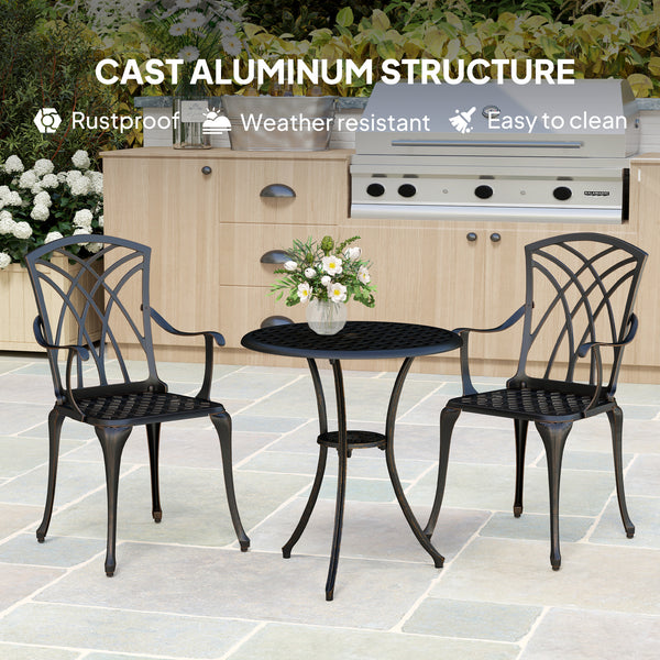 3 Pieces Garden Dining Set for 2, Cast Aluminium Outdoor Dining Set with 2 Armchairs and Round Dining Table with Parasol Hole, Garden Furniture Set, Bronze Tone