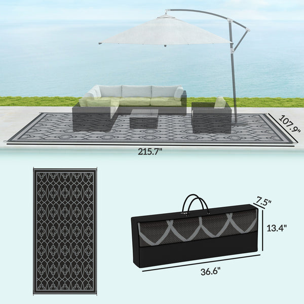 Outsunny Reversible Outdoor Rug, 9' x 18' Waterproof Plastic Straw Floor Mat, Portable RV Camping Carpet, Large Floor Mat for Backyard, Deck, Picnic, Beach, Black & Gray Lantern