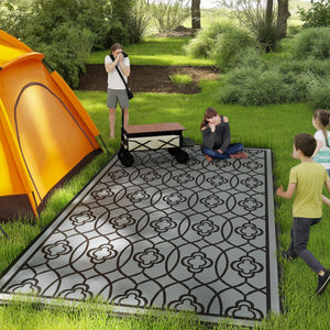 Outsunny Reversible Outdoor Rug, 9' x 18' Waterproof Plastic Straw Floor Mat, Portable RV Camping Carpet, Large Floor Mat for Backyard, Deck, Picnic, Beach, Black & Gray Lantern