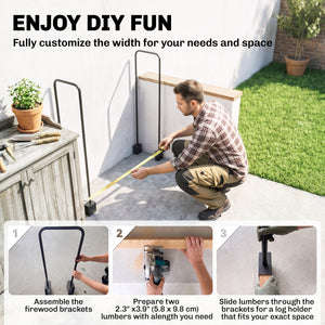 DIY Firewood Rack with Customisable Width, Heavy Duty Steel Log Store Indoors, Outdoor Log Storage Bracket Holder, Black