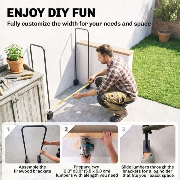 DIY Firewood Rack with Customisable Width, Heavy Duty Steel Log Store Indoors, Outdoor Log Storage Bracket Holder, Black
