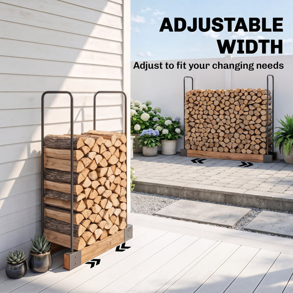 DIY Firewood Rack with Customisable Width, Heavy Duty Steel Log Store Indoors, Outdoor Log Storage Bracket Holder, Black