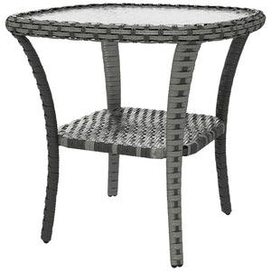 Outsunny Rattan Coffee Table with Storage Shelf, Wicker Side Table with Glass Top, Outdoor End Table for Garden, Porch, Backyard, Mix Gray