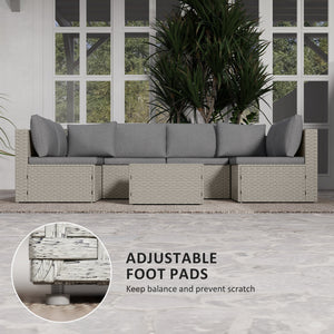 7 Pieces Rattan Garden Furniture Set, 6 Seater Garden Corner Sofa with Wide Seat, Cushions and Glass Top Table, Sectional Outdoor Furniture Conservatory Set for Patio, Light Brown