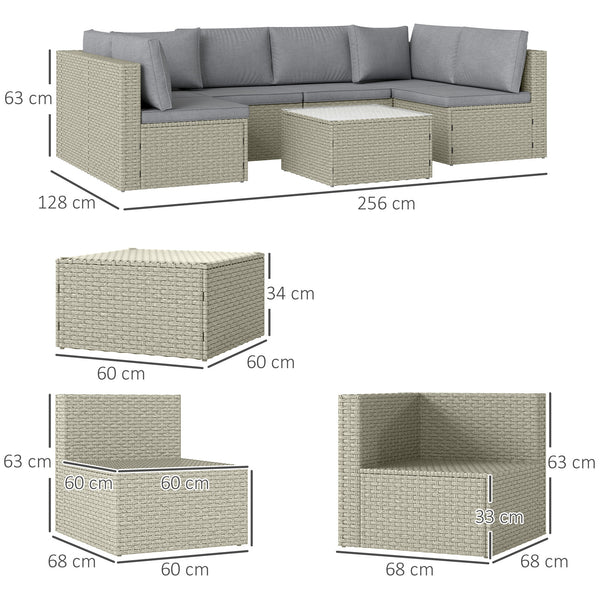 7 Pieces Rattan Garden Furniture Set, 6 Seater Garden Corner Sofa with Wide Seat, Cushions and Glass Top Table, Sectional Outdoor Furniture Conservatory Set for Patio, Light Brown