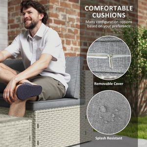 7 Pieces Rattan Garden Furniture Set, 6 Seater Garden Corner Sofa with Wide Seat, Cushions and Glass Top Table, Sectional Outdoor Furniture Conservatory Set for Patio, Light Brown