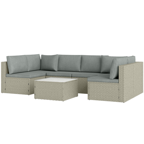 7 Pieces Rattan Garden Furniture Set, 6 Seater Garden Corner Sofa with Wide Seat, Cushions and Glass Top Table, Sectional Outdoor Furniture Conservatory Set for Patio, Light Brown