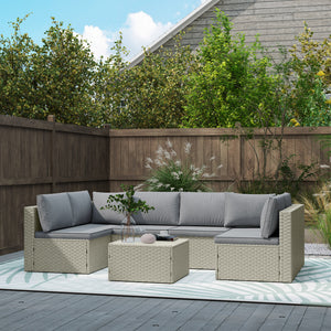 7 Pieces Rattan Garden Furniture Set, 6 Seater Garden Corner Sofa with Wide Seat, Cushions and Glass Top Table, Sectional Outdoor Furniture Conservatory Set for Patio, Light Brown