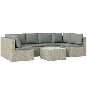 7 Pieces Rattan Garden Furniture Set, 6 Seater Garden Corner Sofa with Wide Seat, Cushions and Glass Top Table, Sectional Outdoor Furniture Conservatory Set for Patio, Light Brown